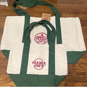 NWT Trader Joe's Canvas Tote Bags Set One Mini and One Large Green Tote